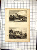 Old Engraving Ruin Episcopal Palace Halling Kent Erith Church Fussell
