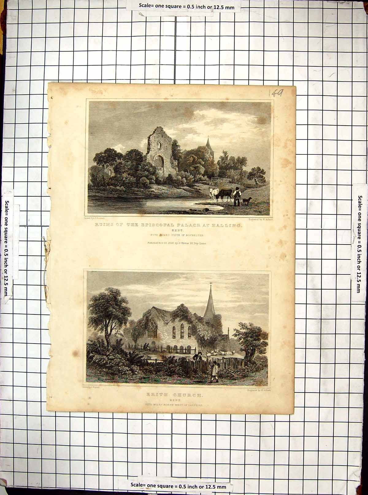 Old Engraving Ruin Episcopal Palace Halling Kent Erith Church Fussell