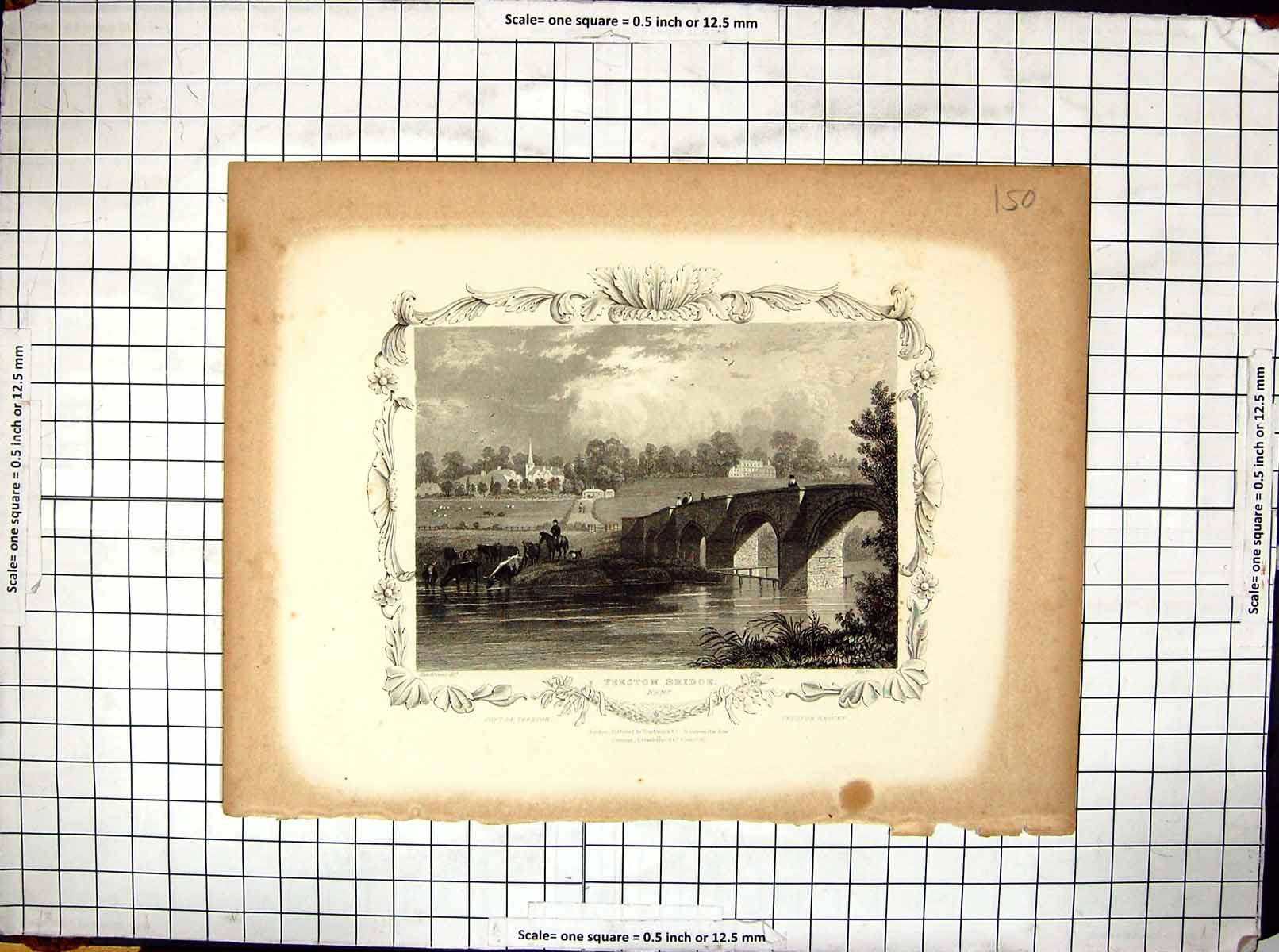 Old Antique Print Engraving Teeston Bridge Kent River Church Tomblesons