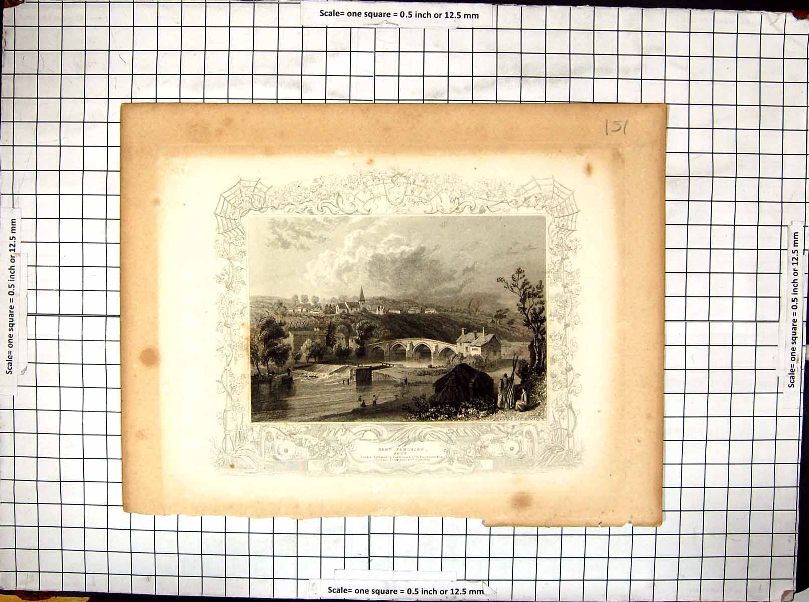 Antique Old Print Engraving East Farleigh Kent River Bridge Church Tombelsons