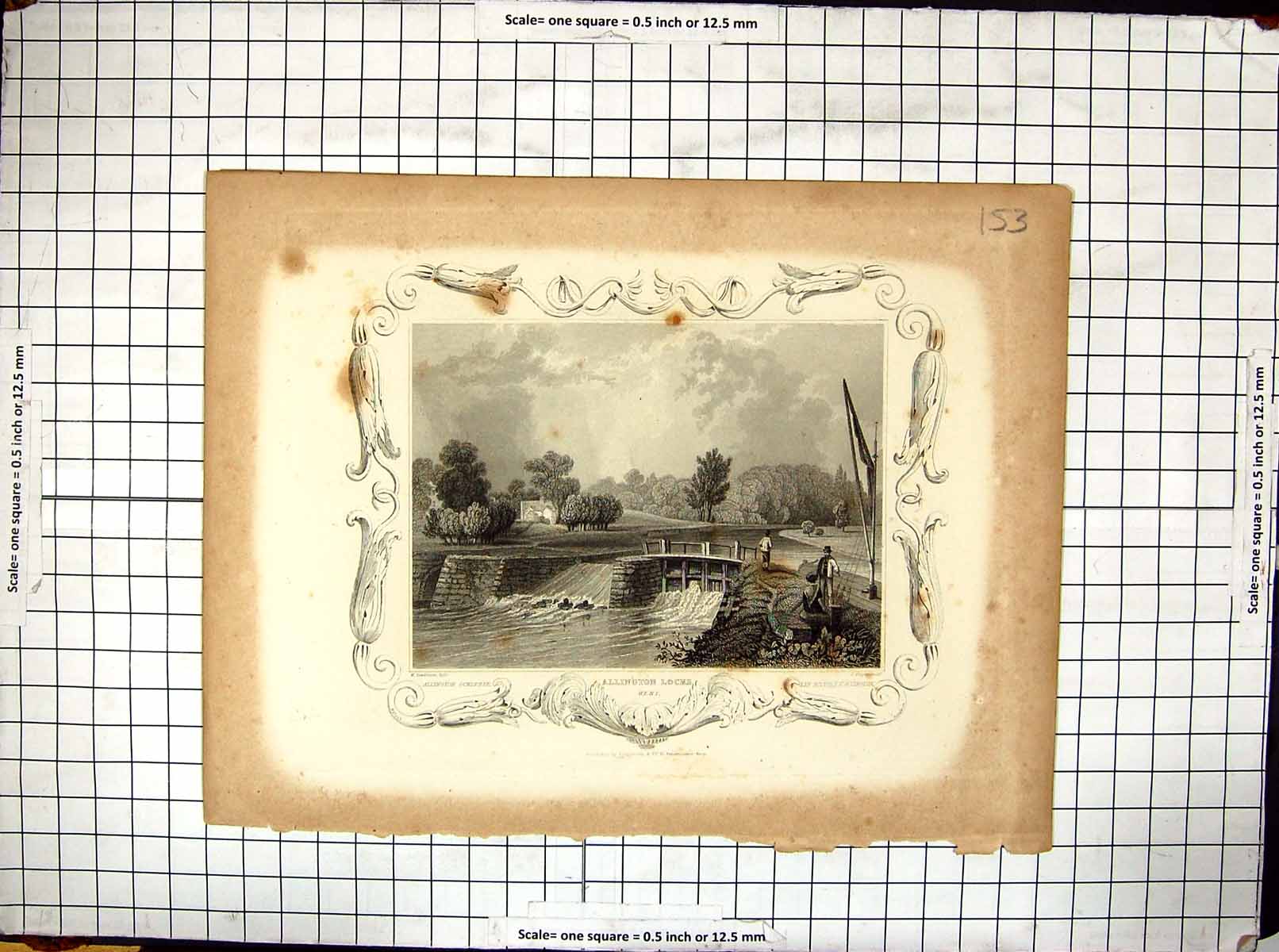 Old Antique Print Engraving Allington Locks Kent England River Tombleson