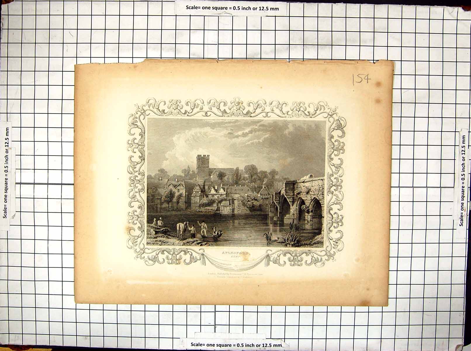 Old Engraving Aylesford Kent England River Boats Church Architecture