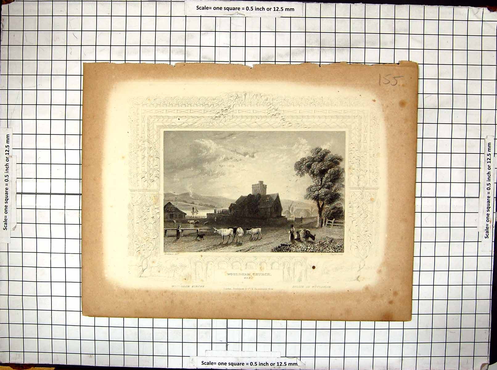 Antique Old Print Engraving Wouldham Church Kent England Cows Mountains Payne
