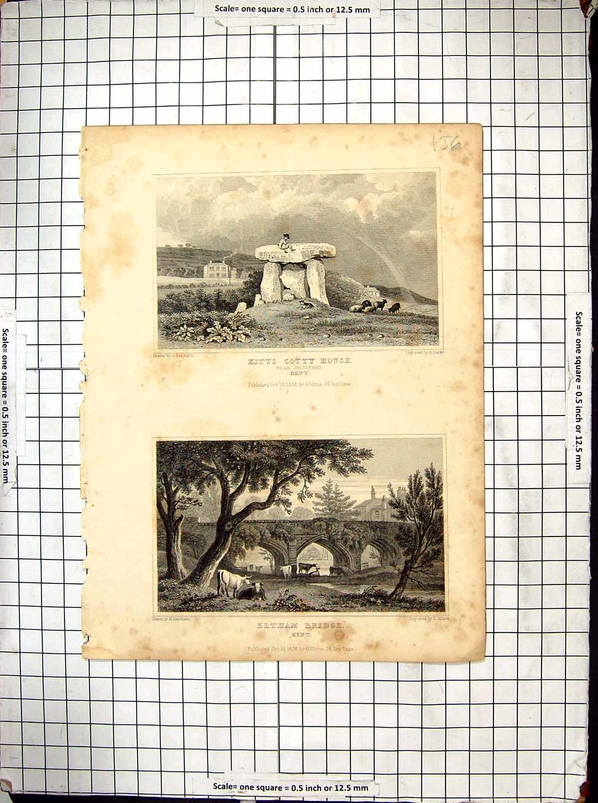Old Engraving Kitts Cotty House Aylesford Kent 1828 Eltham Bridge Adl 19th