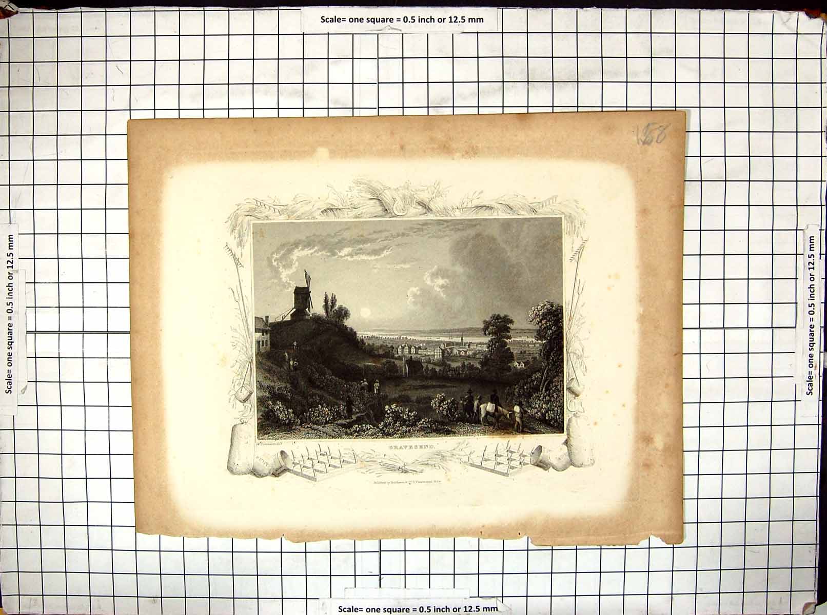 Antique Old Print Engraving View Gravesend England Windmill Kent Tombleson
