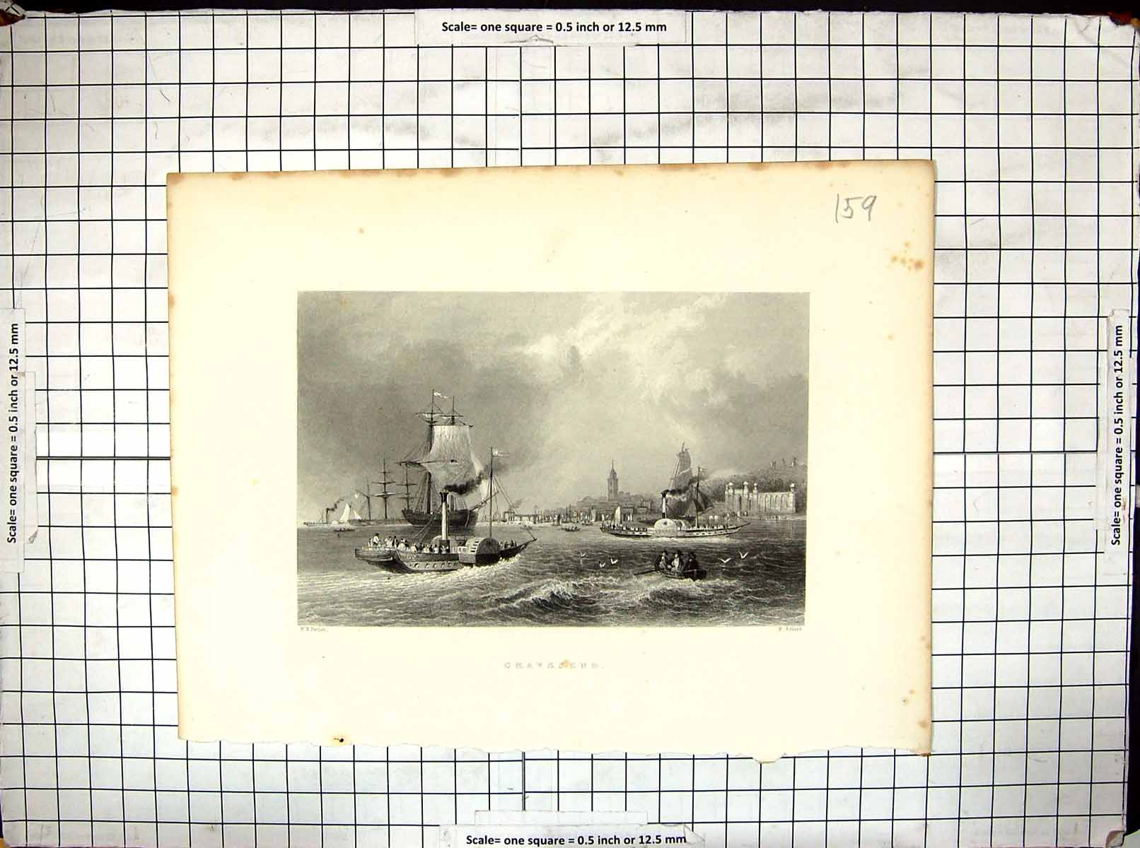 Old Engraving View Gravesend Kent England Ships Steam-Boats Adlard Ba