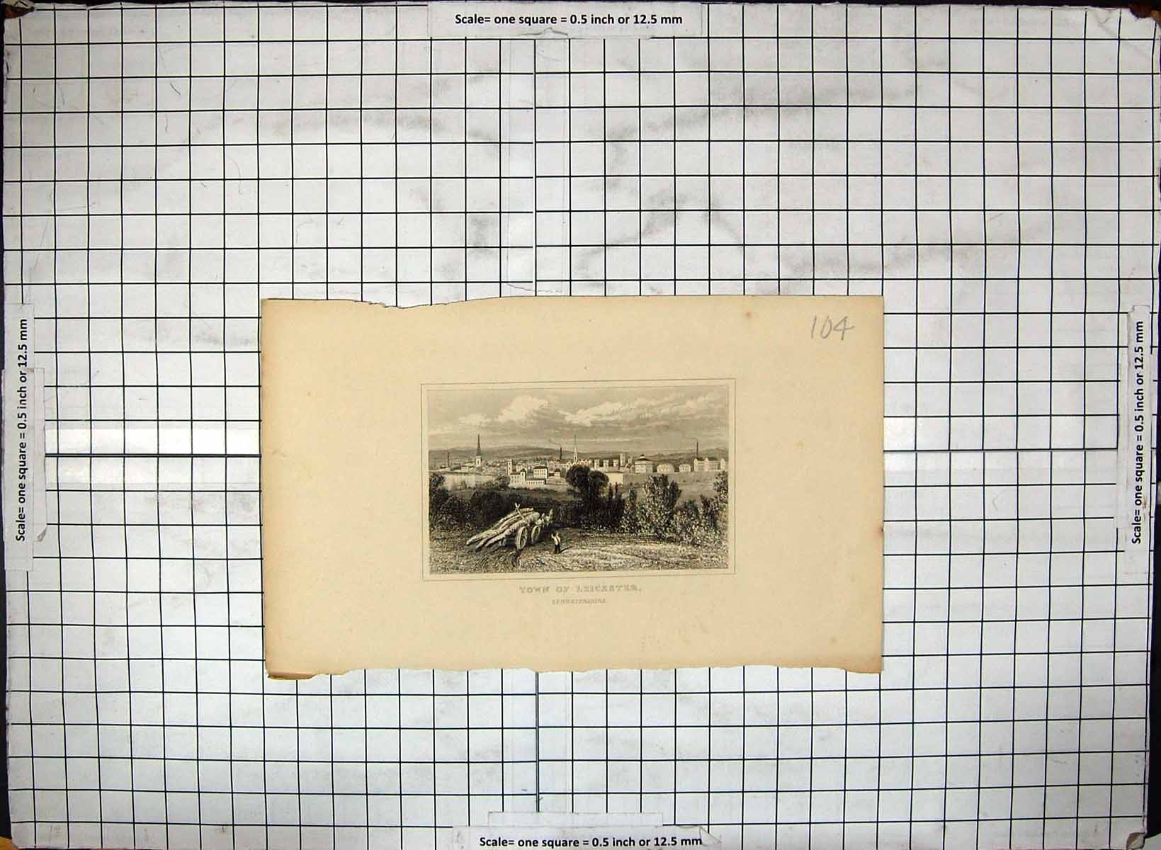 Antique Old Print Engraving View Town Leicester Leicestershire Architecture