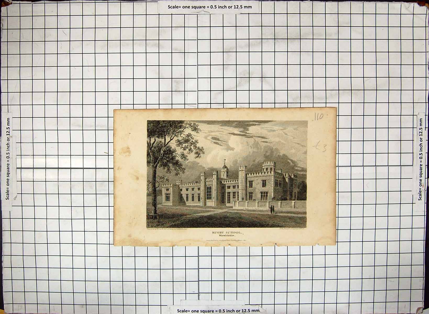 Antique Old Print Exterior Rugby School Warwickshire 1813 Woolnoth Engraving
