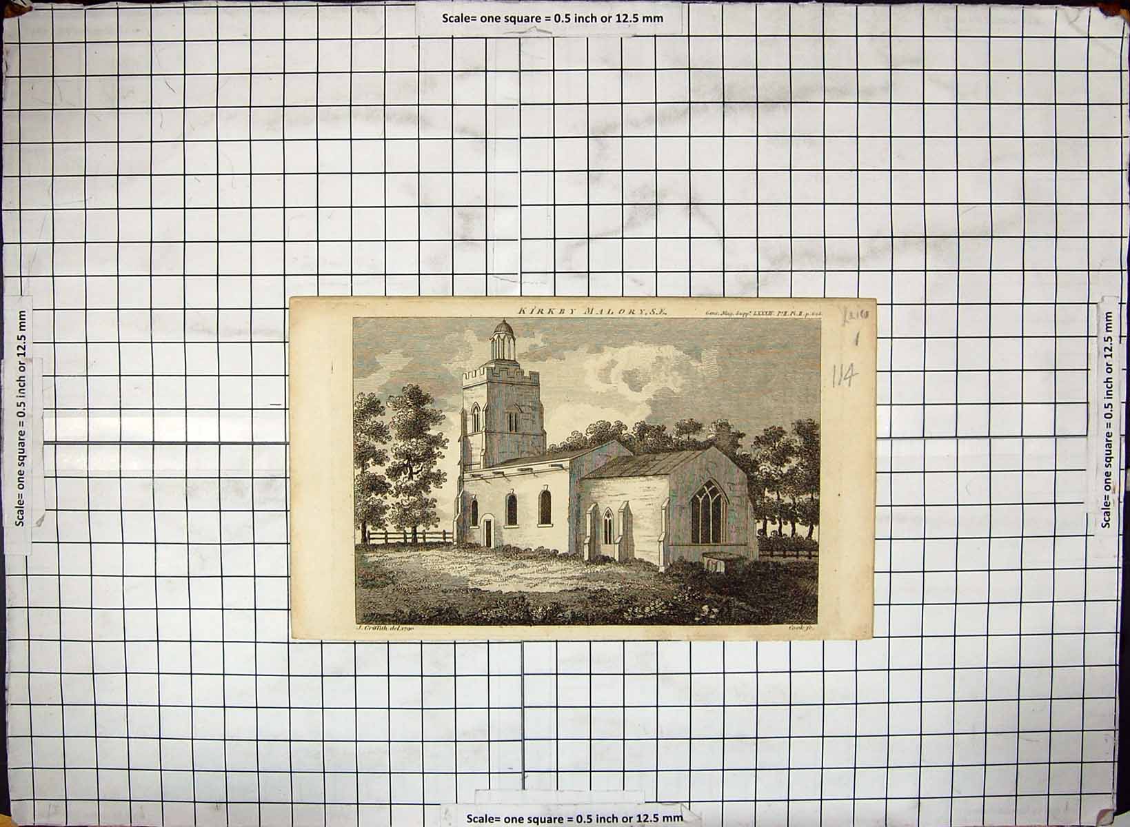 Old Antique Print Kirkby Maloryse Church Architecture Engraving Griffith