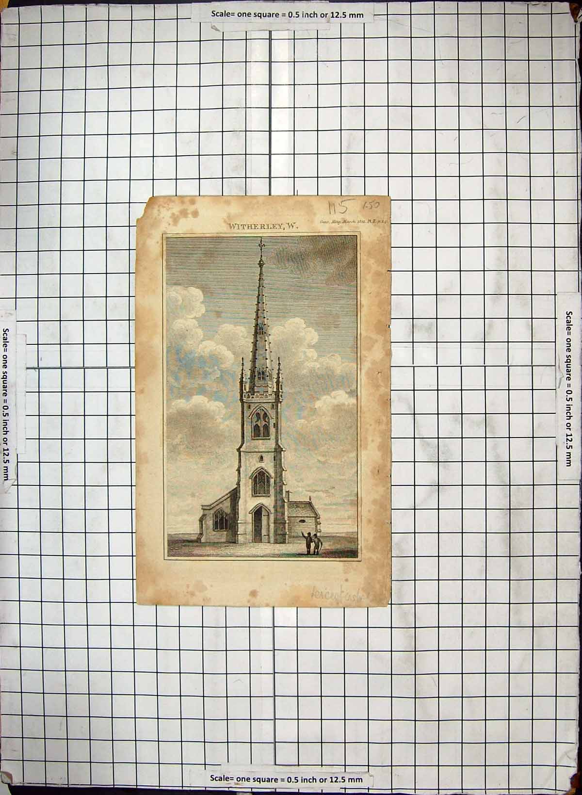 Old Antique Print Witherley Church Leicestershire Architecture Engraving