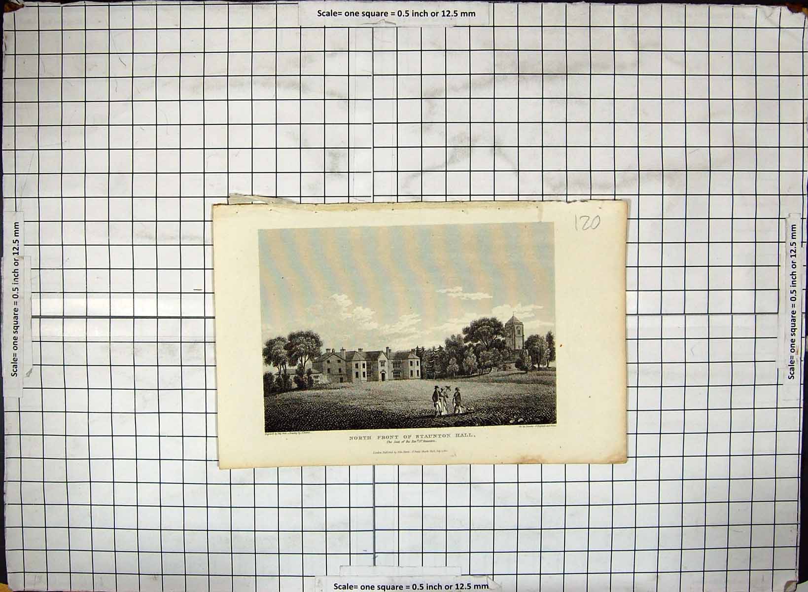Original Old Antique Print Engraving North Front Staunton Hall Architecture