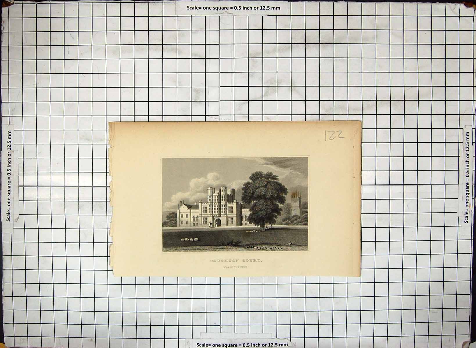 Antique Old Print Exterior Coughton Court Warwickshire Architecture Engraving