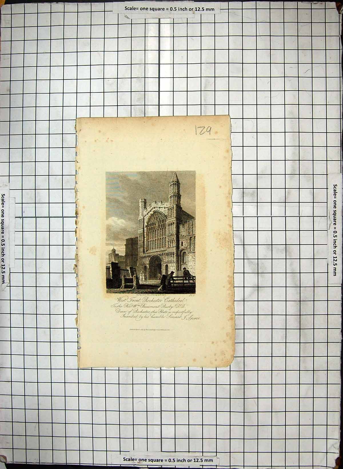 Old Print Engraving West Front Rochester Cathedral Beaumont Busby Storer