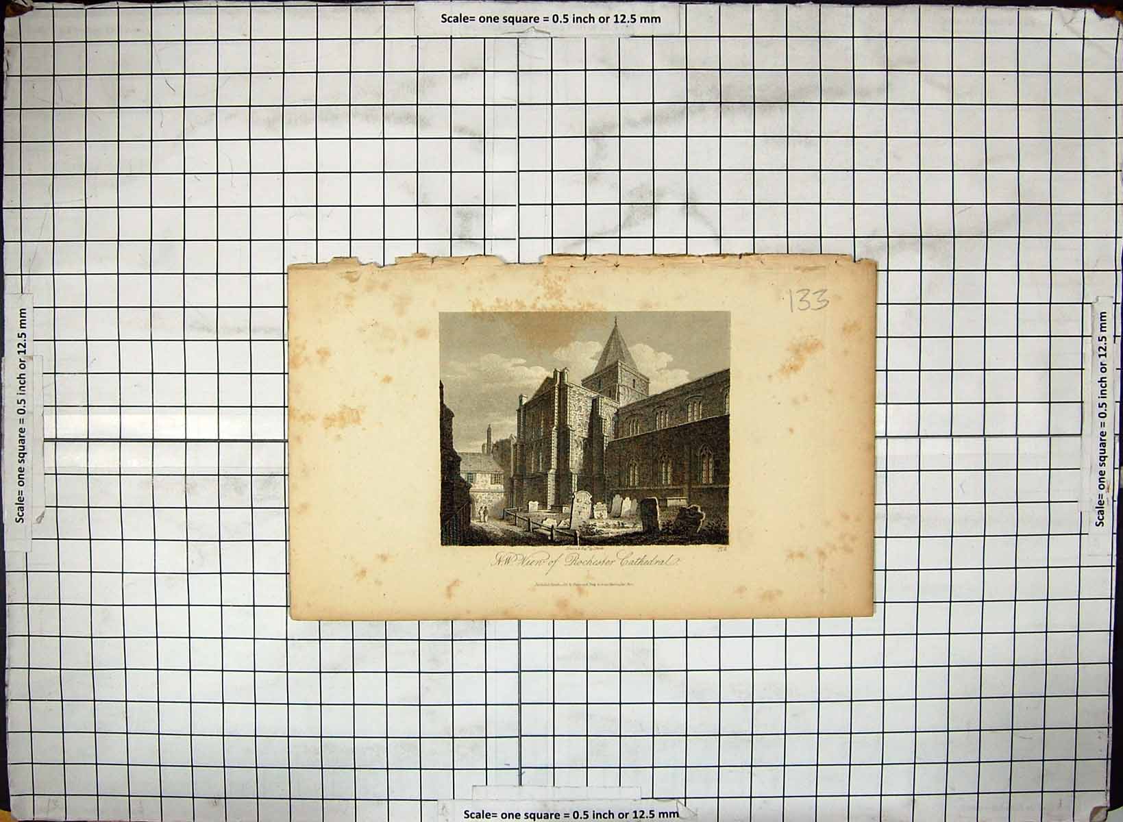 Original Old Antique Print Engraving Rochester Cathedral Exterior Architecture