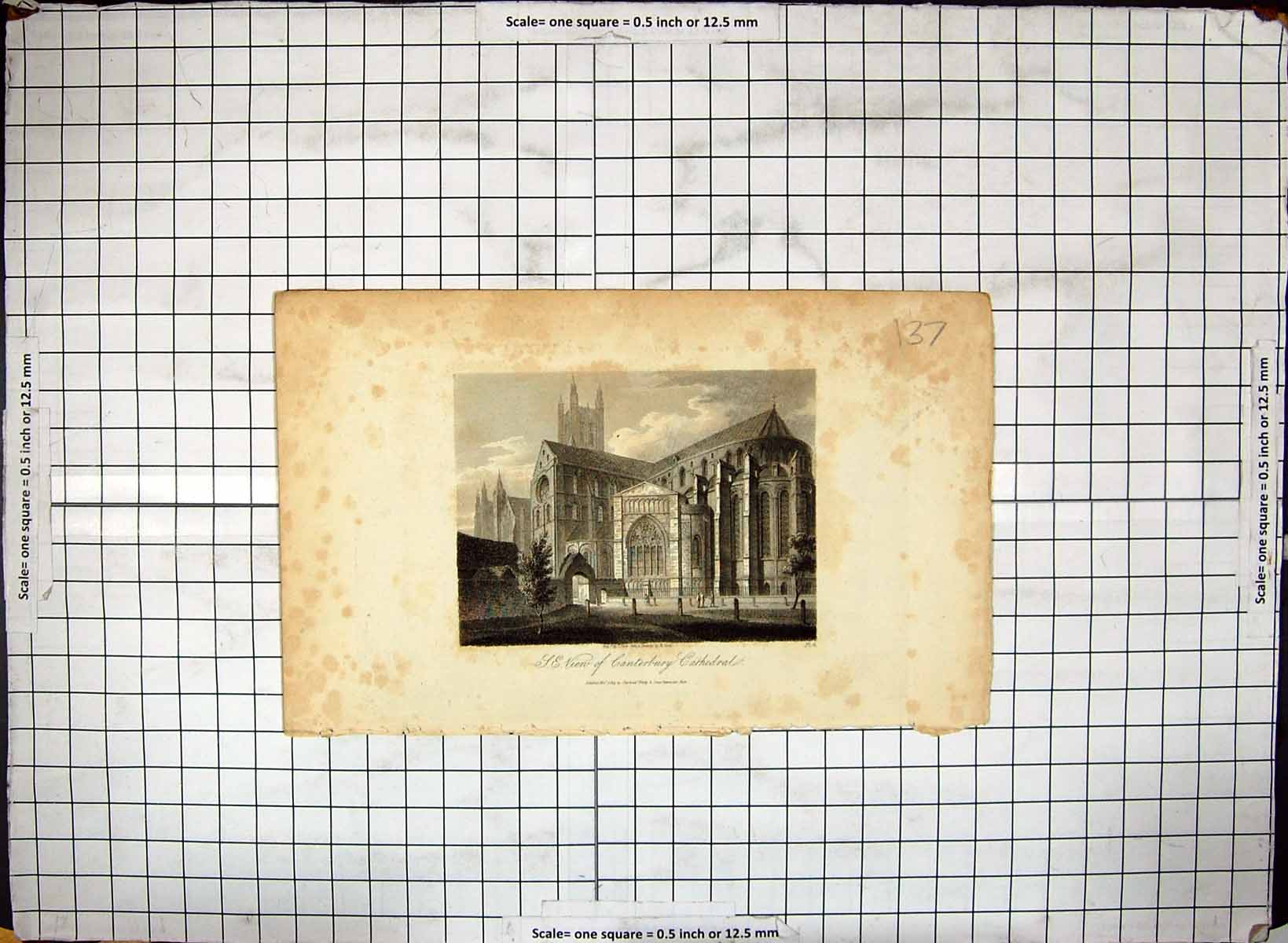 Antique Old Print Exterior View Canterbury Cathedral Architecture Engraving