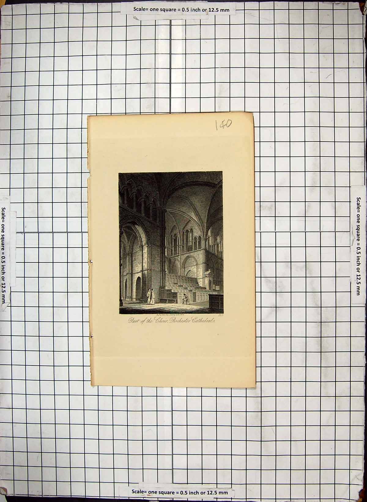 Old Antique Print Engraving Part Chior Rochester Cathedral Architecture