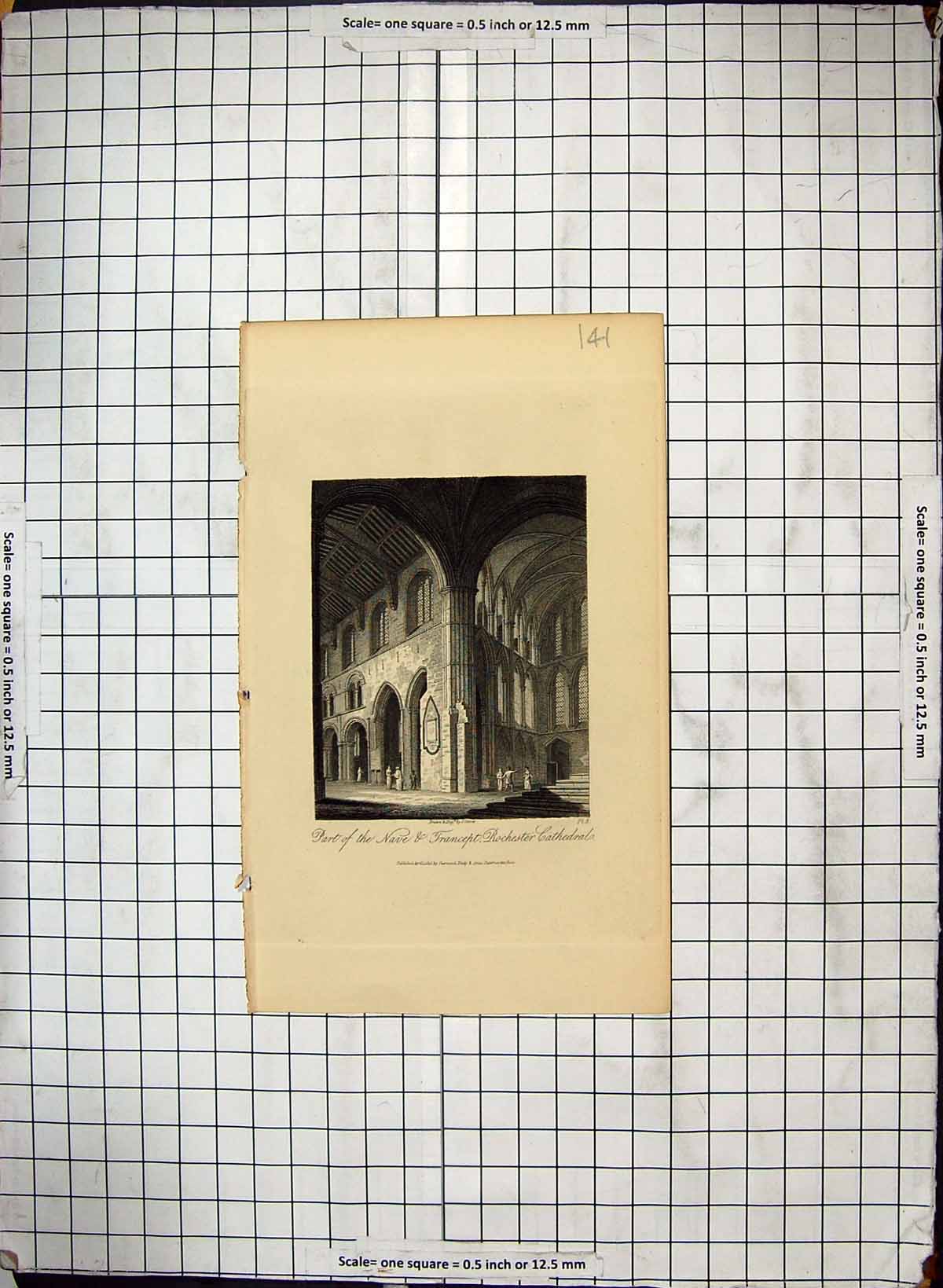 Antique Print Part Nave Transept Rochester Cathedral Architecture Engraving