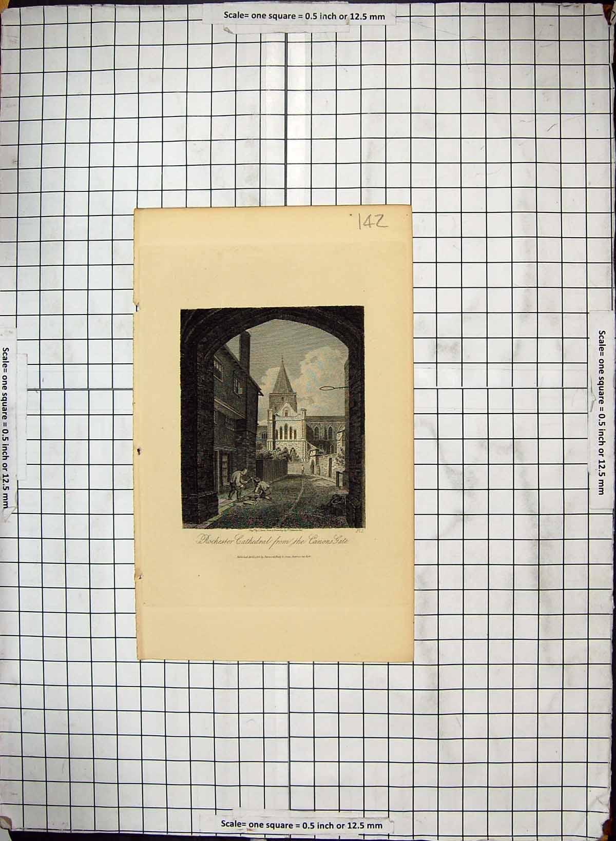 Original Old Antique Print Exterior Rochester Cathedral Canons Gate Engraving