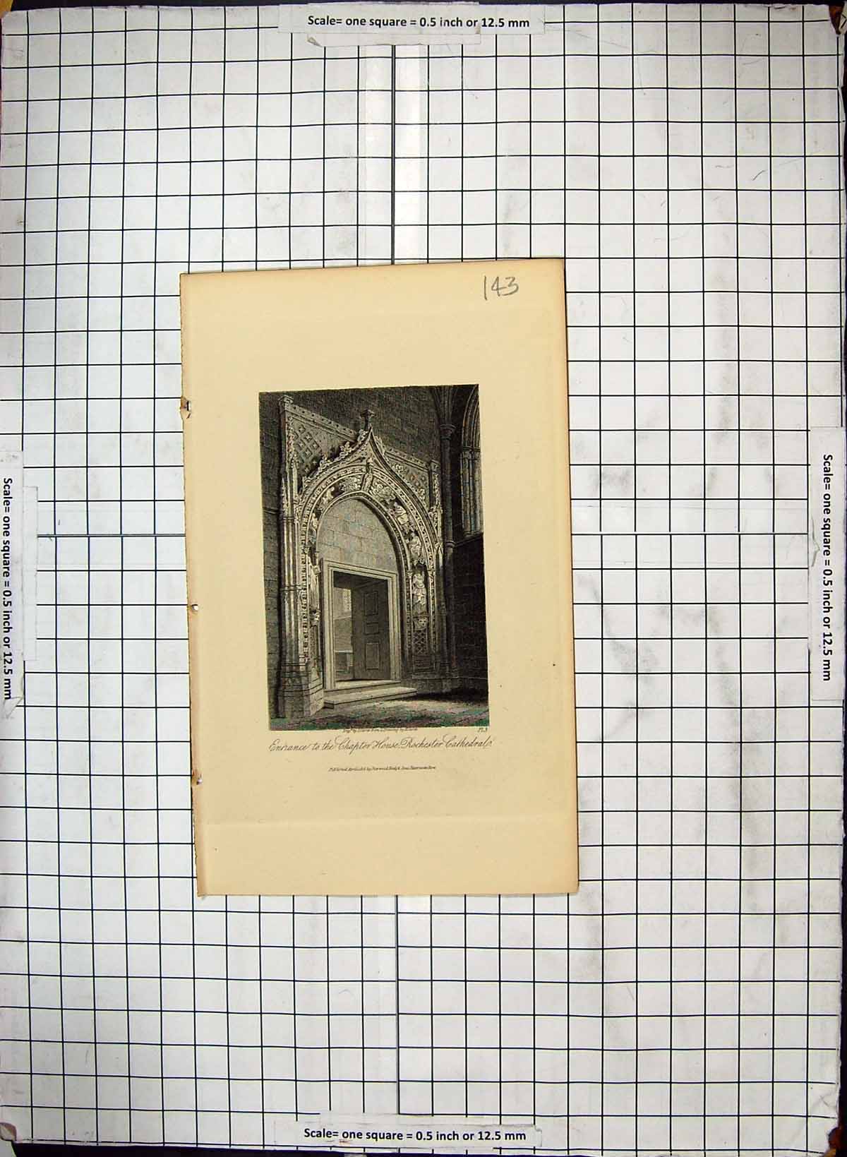 Original Old Antique Print Entrance Chapter House Rochester Cathedral Engraving