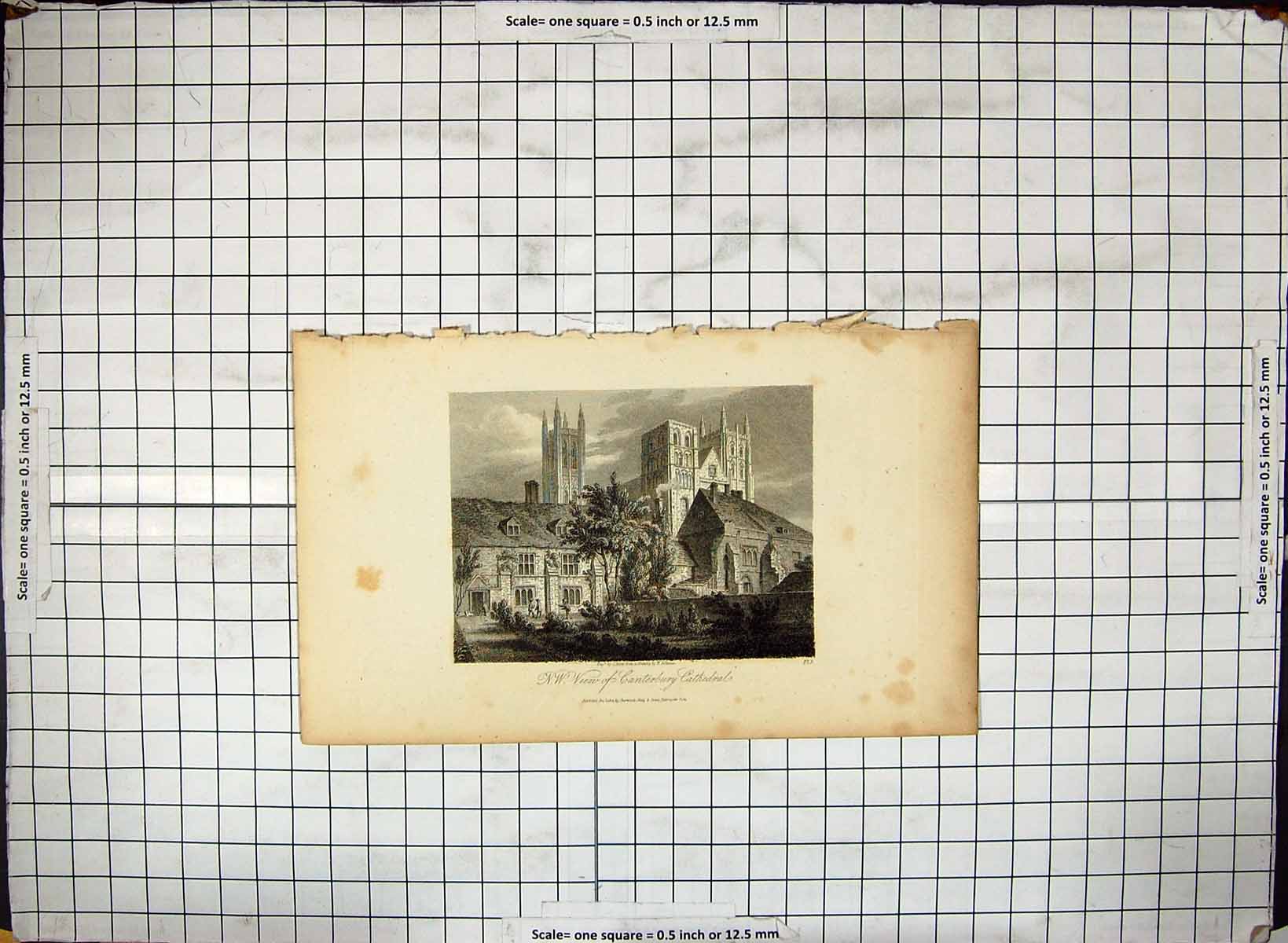 Antique Old Print Engraving North West View Canterbury Cathedral Architecture
