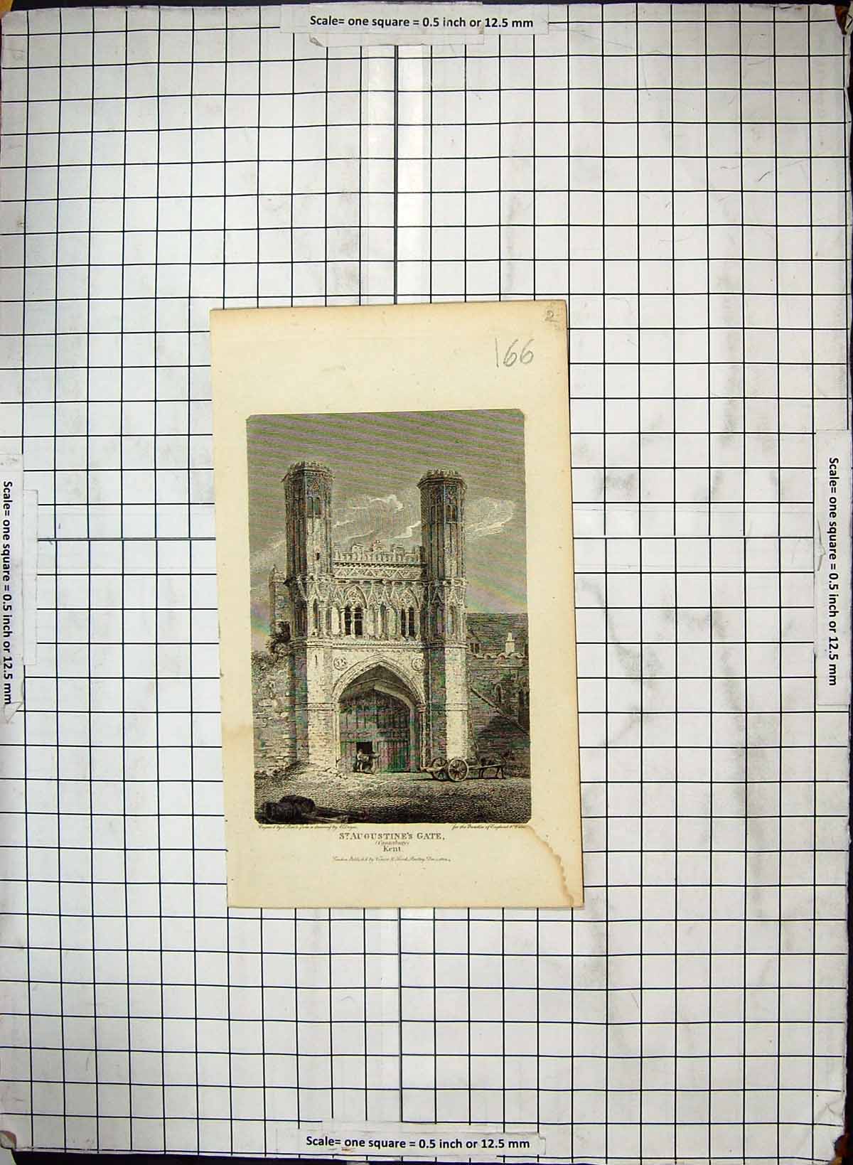 Antique Old Print Engraving St. Augustine'S Gate Canterbury Kent Architecture