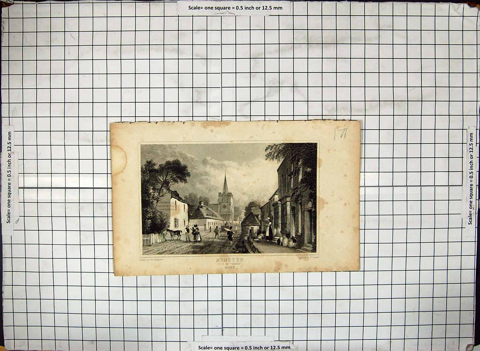 Antique Old Print Engraving Minster Isle Thanet Kent Shepherd Street Scene