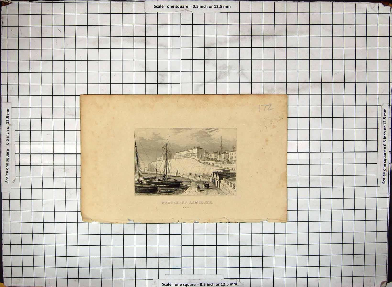 Original Old Antique Print Engraving West Cliff Ramsgate Kent England Ships