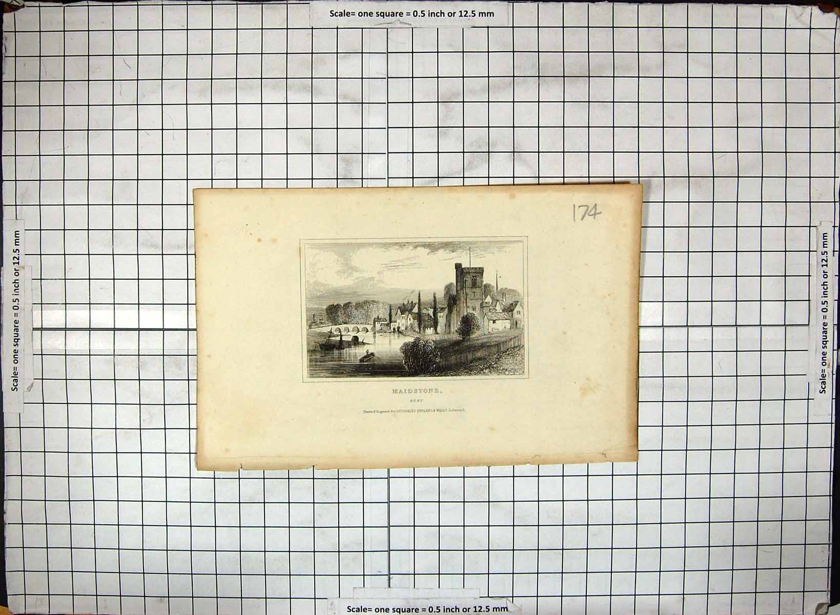 Antique Old Print View Maidstone Kent England Dugdales River Bridge Engraving