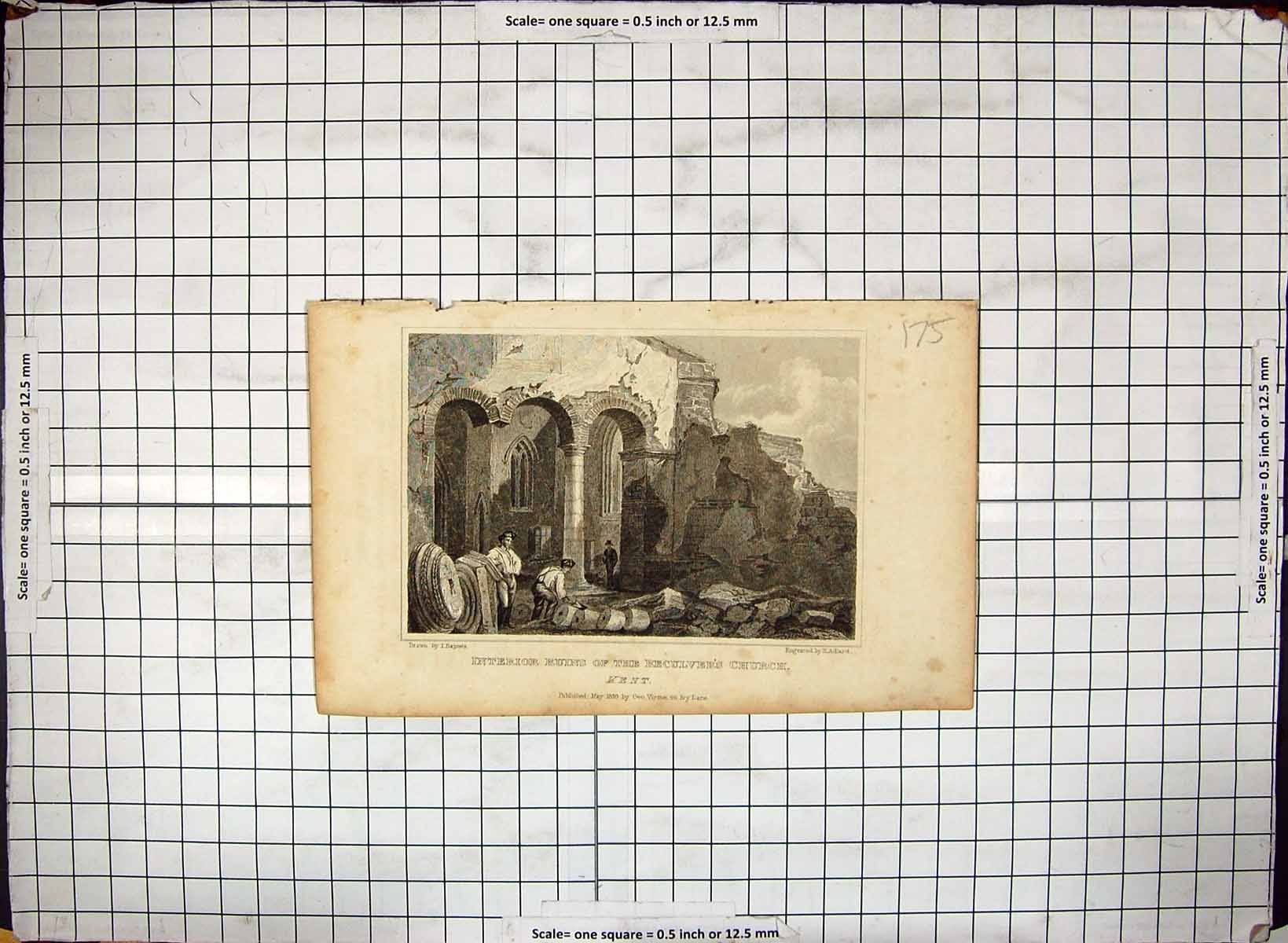 Old Interior Ruins Reculver'S Church Kent England 1830 Adlard Engravi 19th