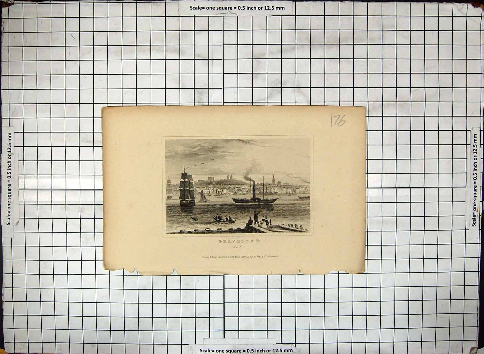 Antique Old Print View Gravesend Kent England Ships Boats Dugdales Engraving
