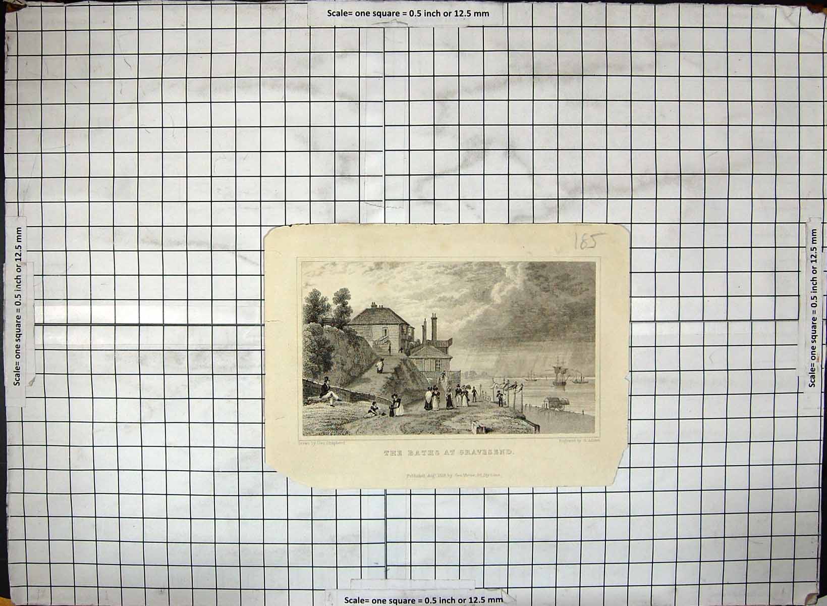 Antique Old Print 1828 View Baths Gravesend England Shepherd Adlard Engraving