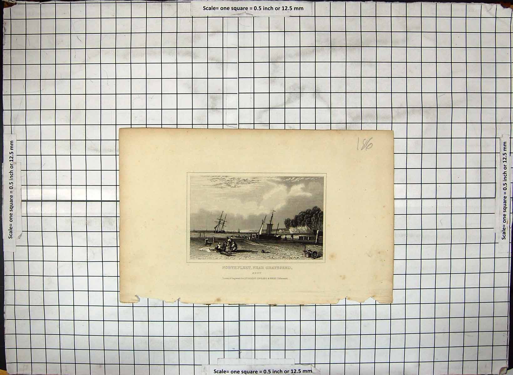 Old Print View Northfleet Gravesend Kent England Ships Dugdales Engraving 19th