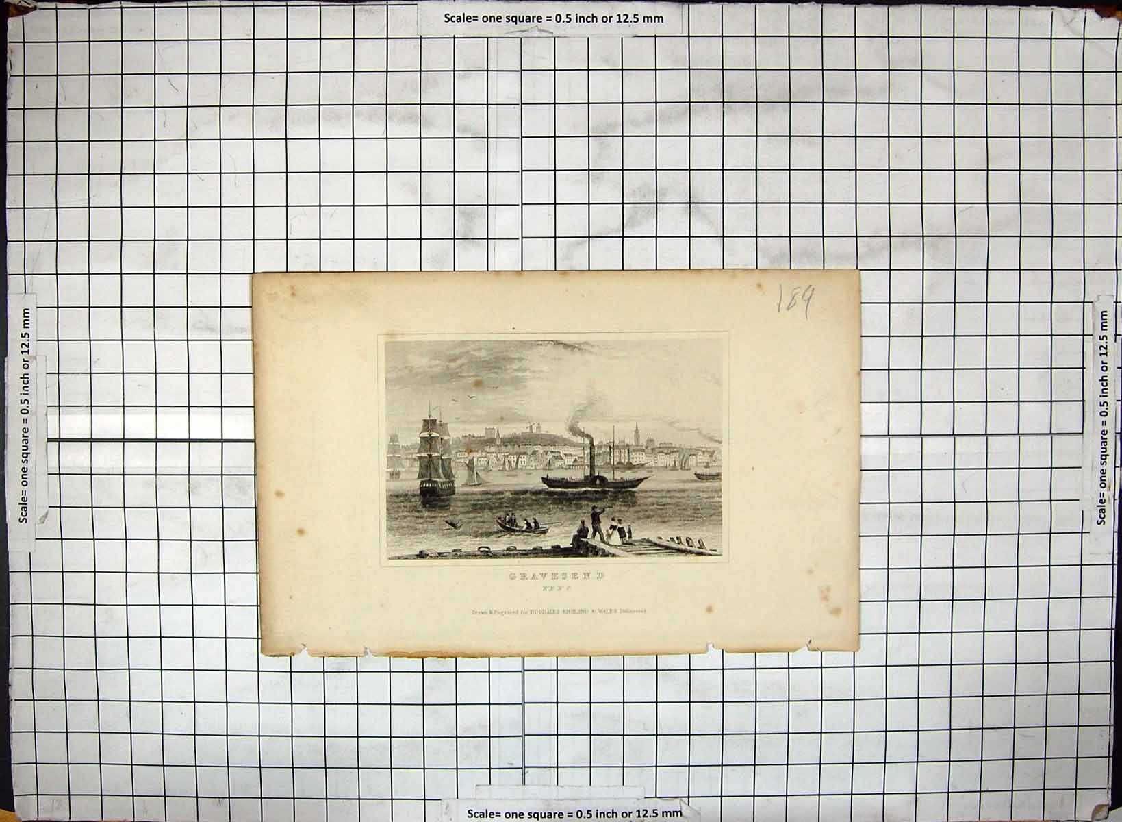 Antique Old Print View Gravesend Kent England Ships Boats Engraving Dugdales