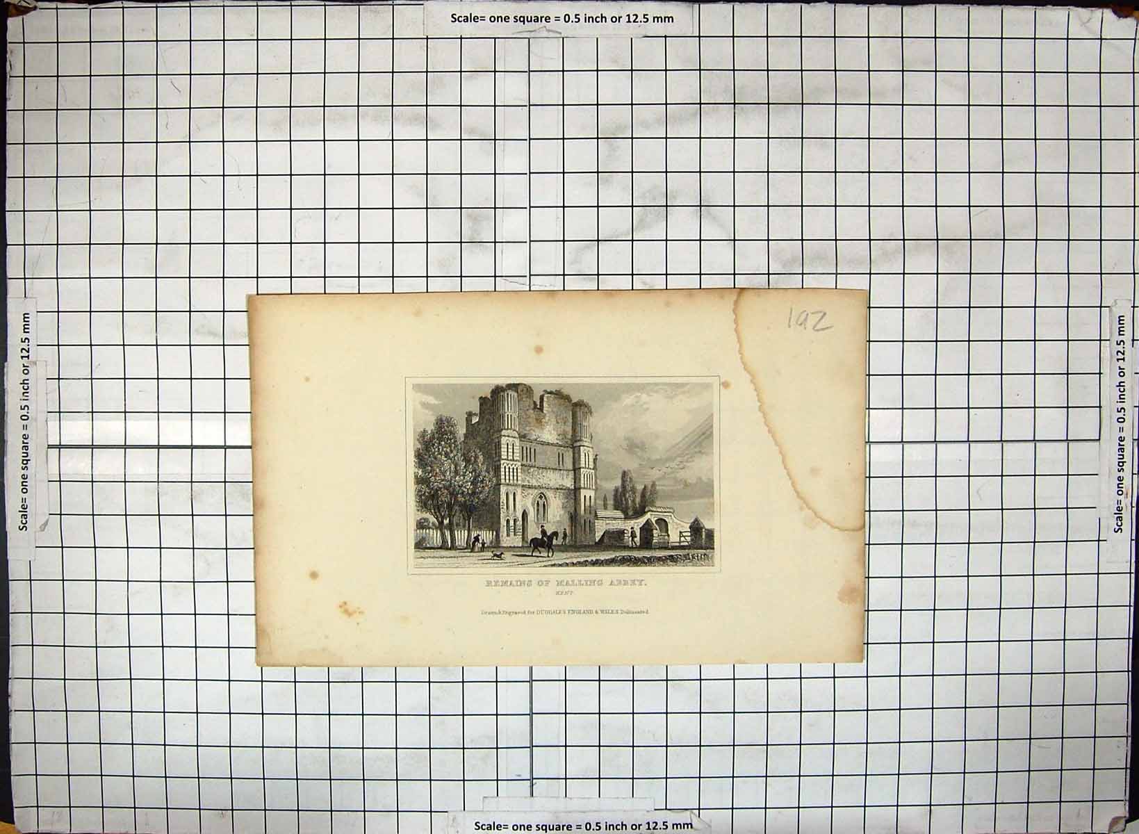 Old Antique Print Remains Malling Abbey Kent England Dugdales Engraving 20th