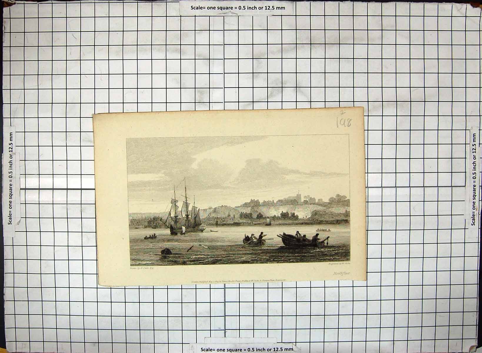 Original Old Antique Print Engraving Sea Ships Boats Owen Cooke Northfleet 20th