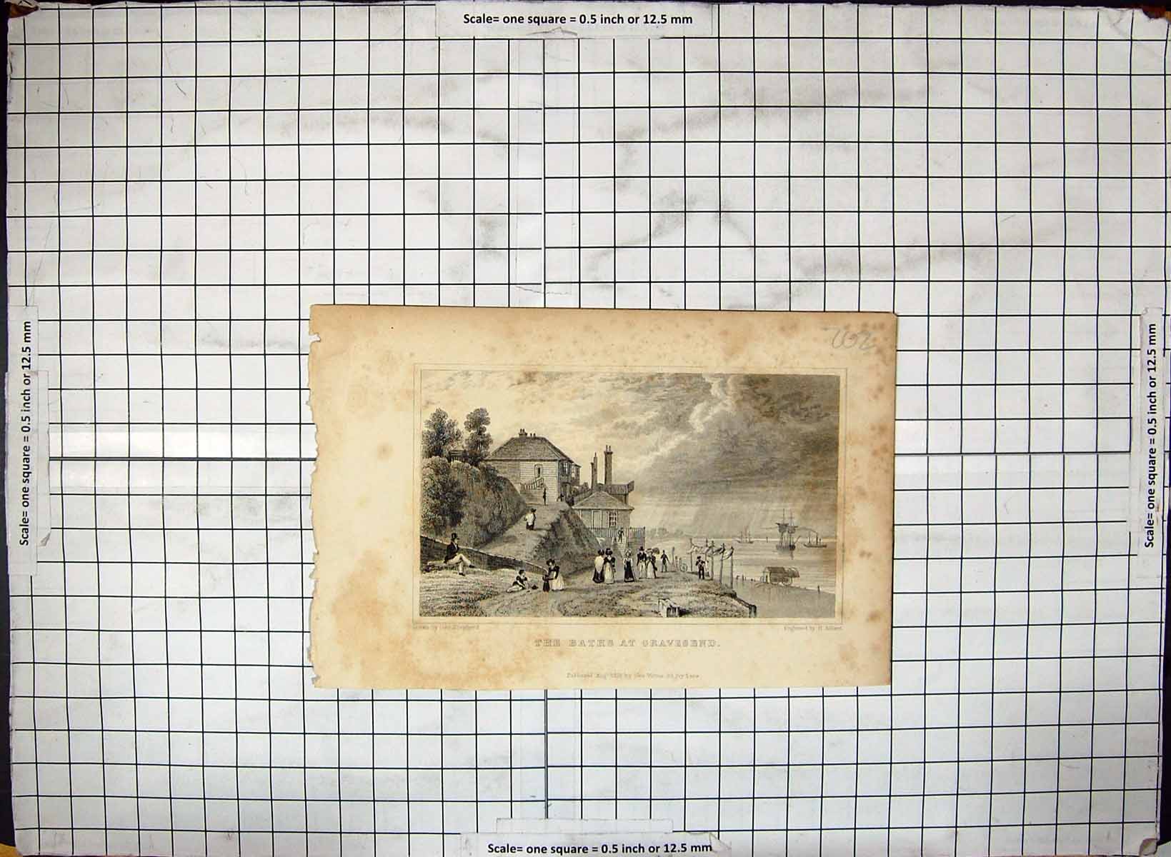 Antique Old Print 1828 Baths Gravesend England Kent Adlard Shepherd Engraving