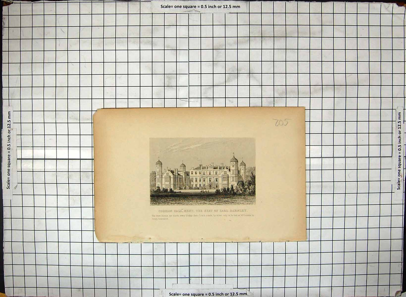 Original Old Antique Print Cobham Hall Kent Earl Darnley Engraving Architecture