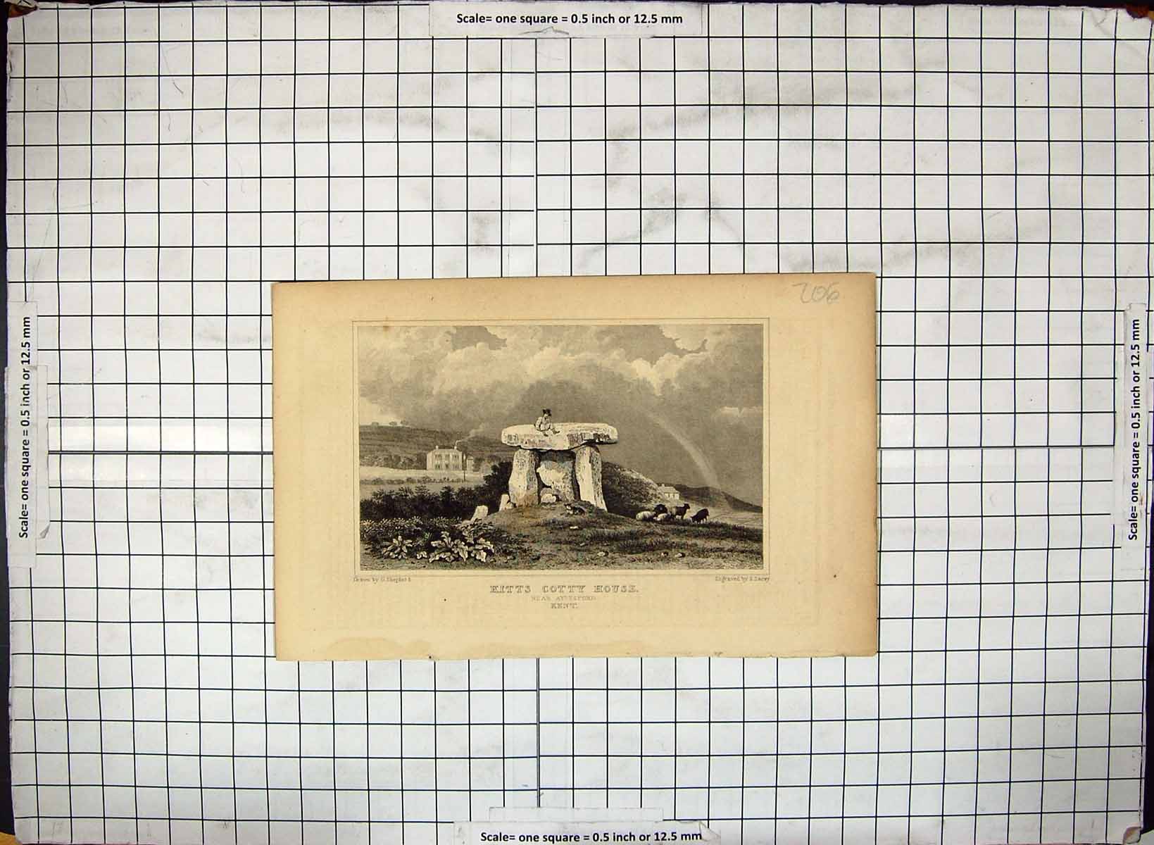 Antique Old Print Kitts Cotty House Kent Aylesford Engraving Lacey Shepherd