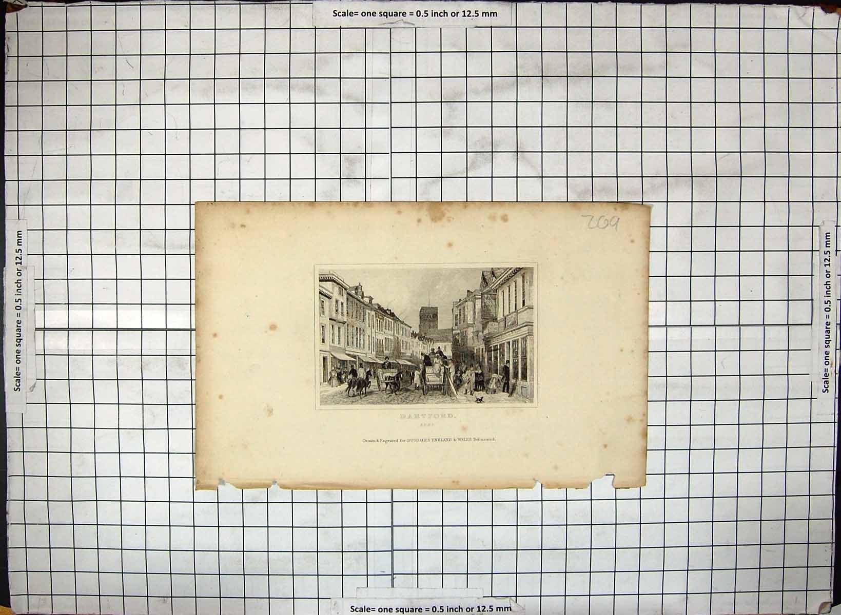 Antique Old Print View Dartford Kent England Engraving Dugdales Street Scene