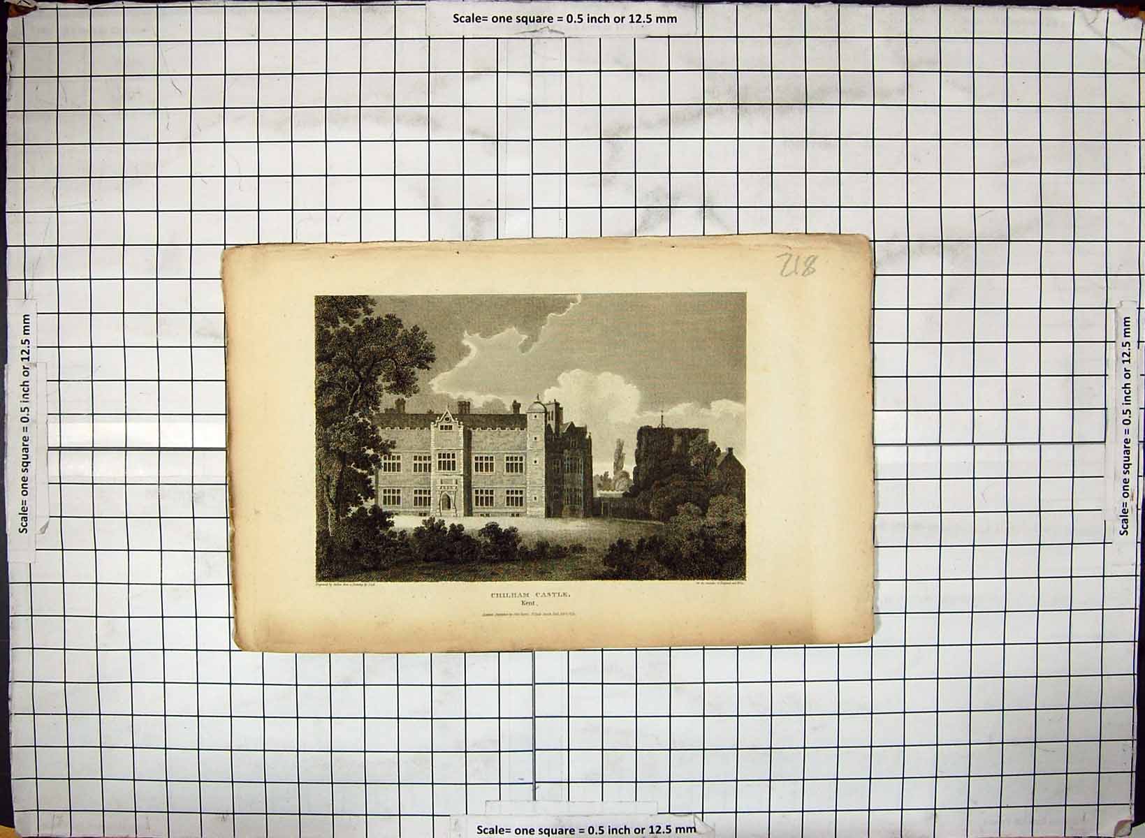Original Old Antique Print Exterior Chilham Castle Kent England Engraving