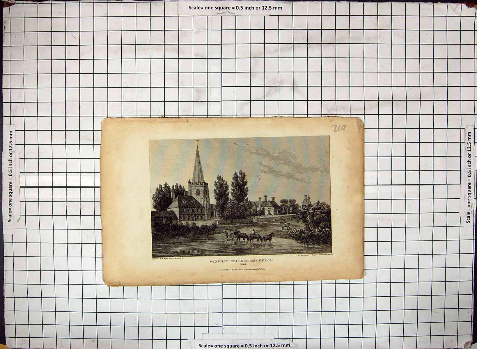 Antique Old Print Wingham College Kent Church England Engraving Horses Cart