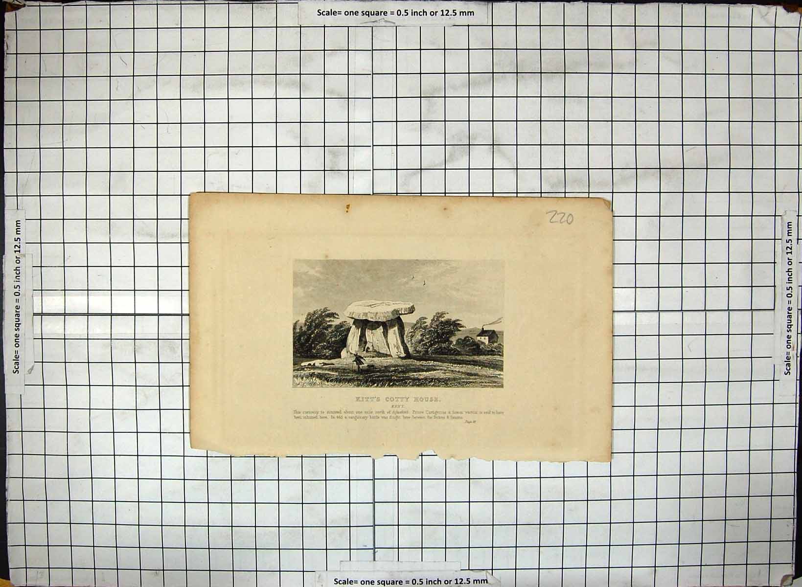 Original Old Antique Print Kitt'S Cotty House Kent England Aylesford Engraving