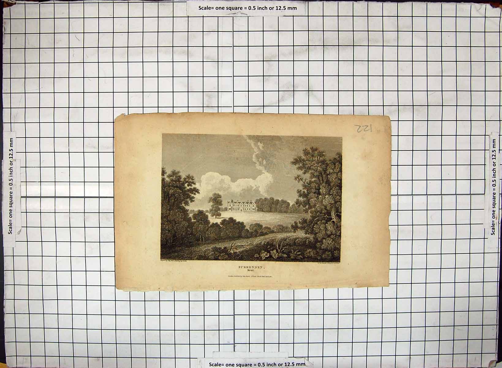Original Old Antique Print View Surrenden Kent England Engraving Architecture