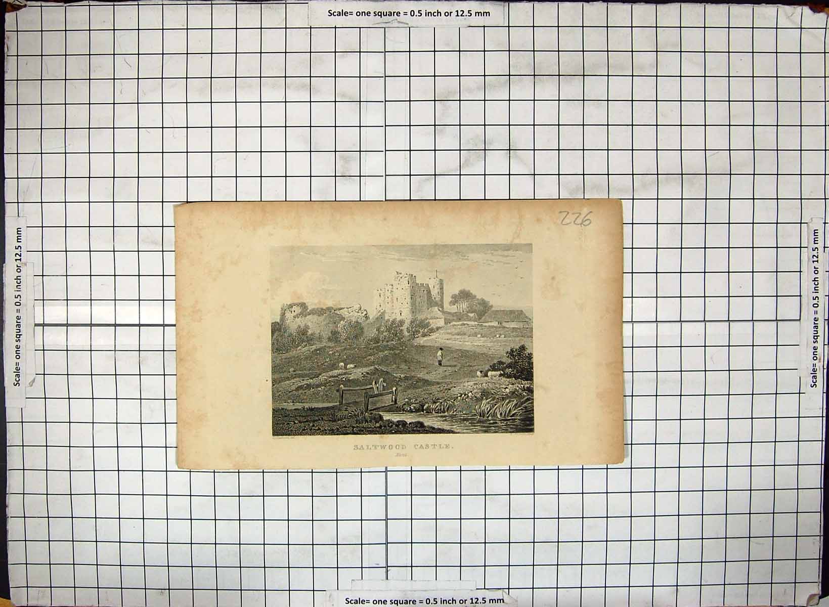 Original Old Antique Print View Saltwood Castle Kent England Engraving