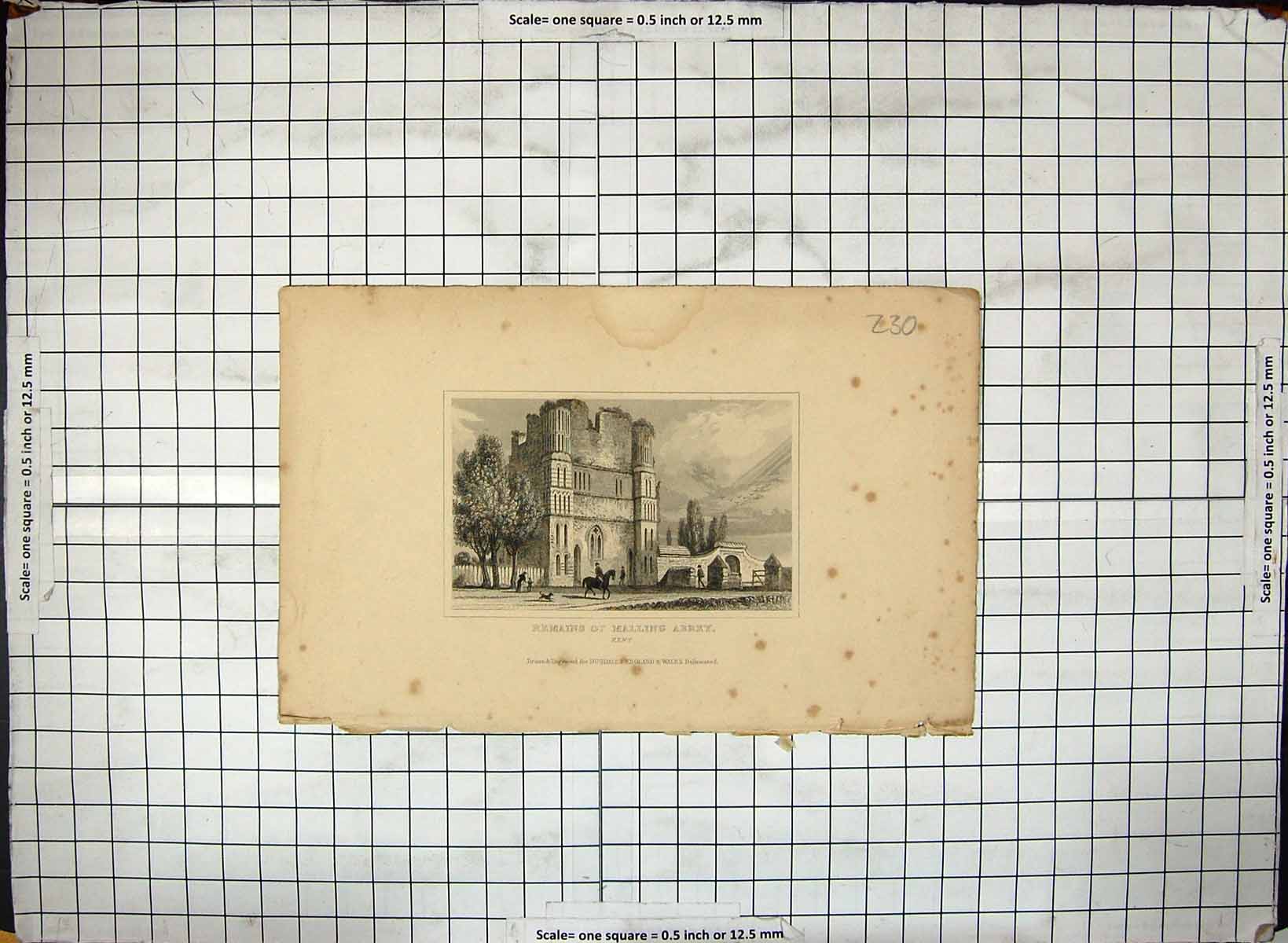 Old Antique Print Remains Malling Abbey Kent England Engraving Dugdales