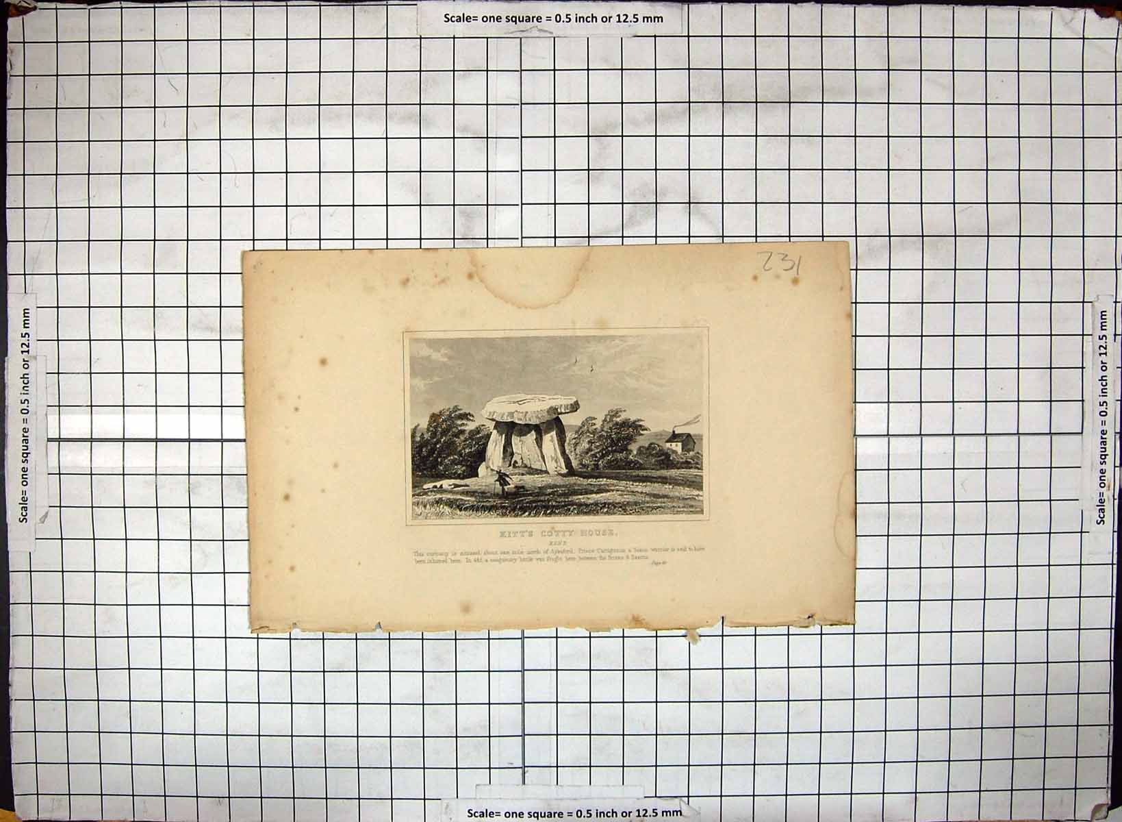 Original Old Antique Print Kitt'S Cotty House Kent England Engraving Aylesford