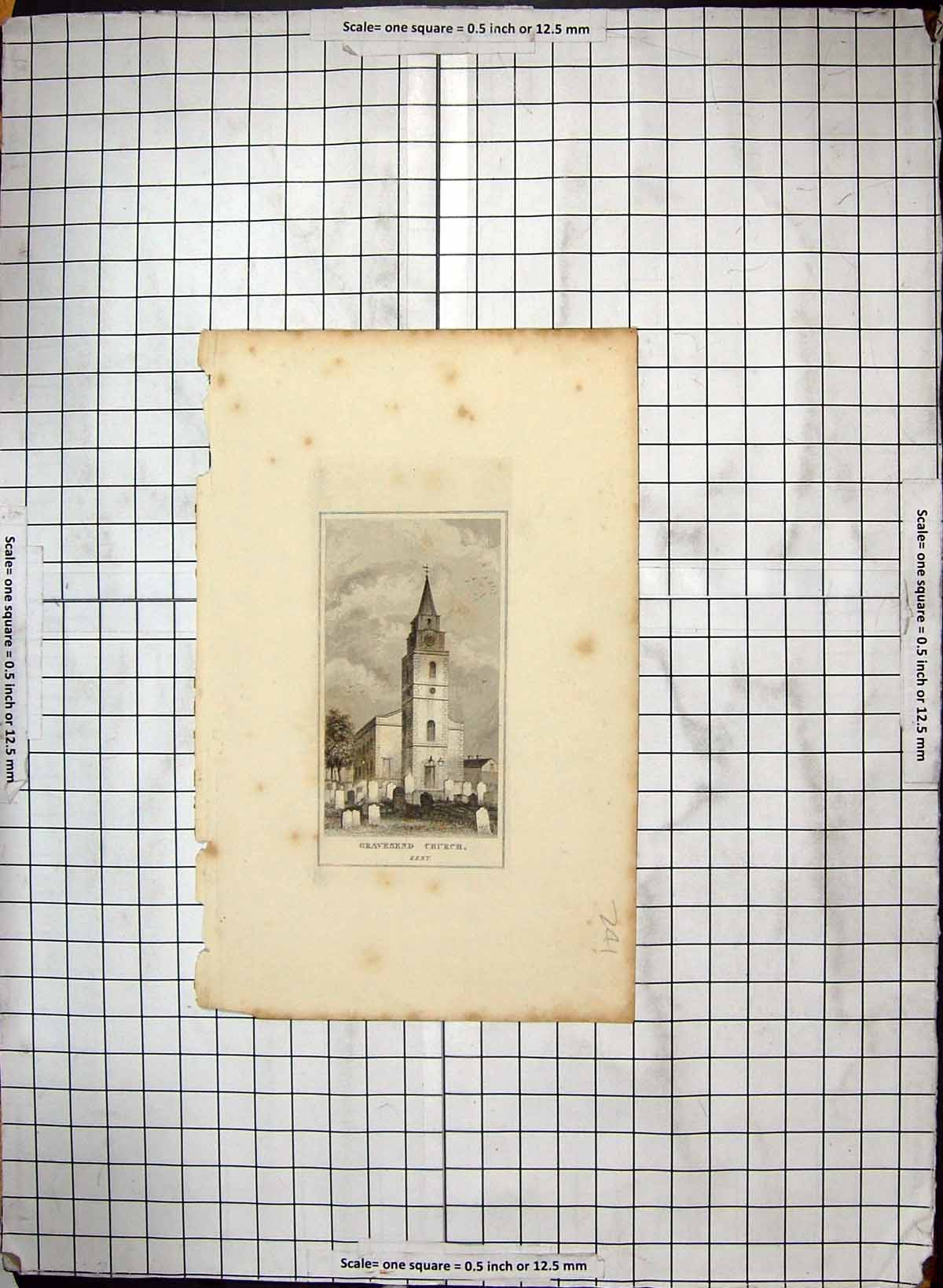 Original Old Antique Print Gravesend Church Kent England Engraving Architecture