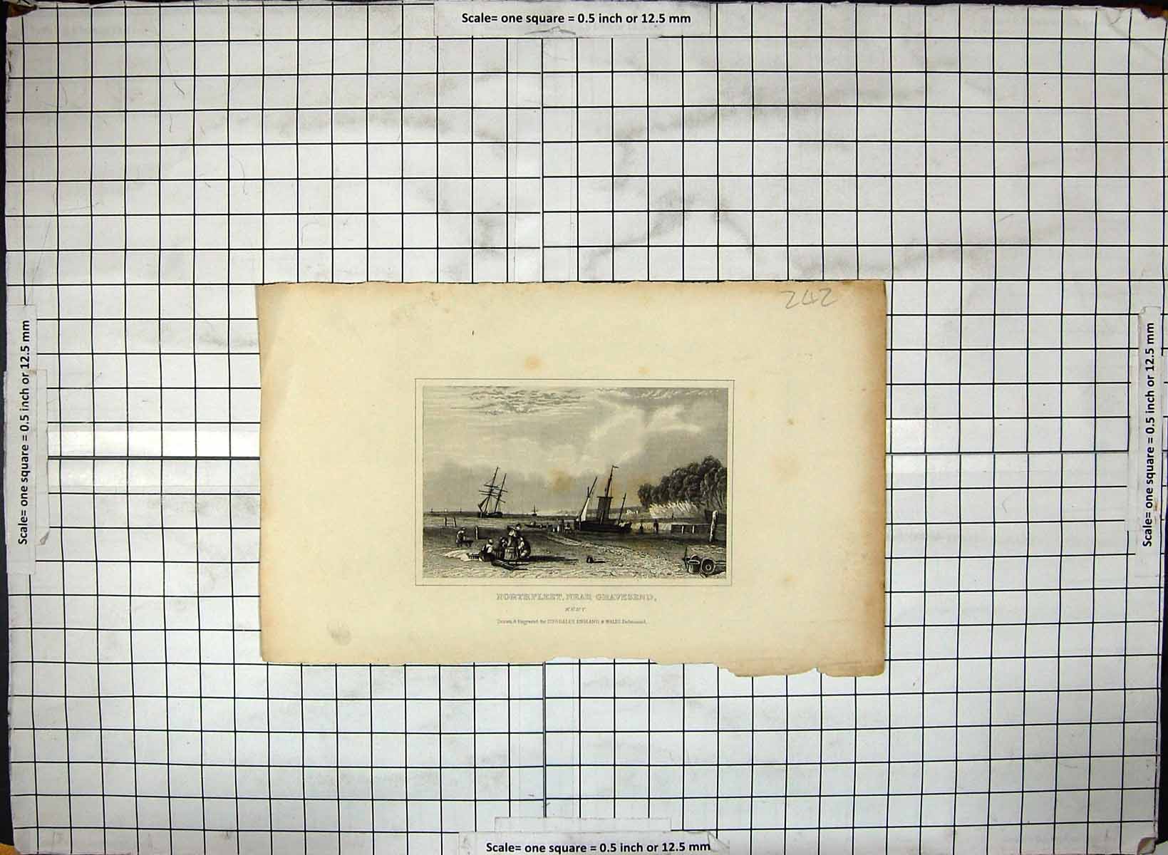 Antique Old Print Northfleet Gravesend Kent England Boats Engraving Dugdales
