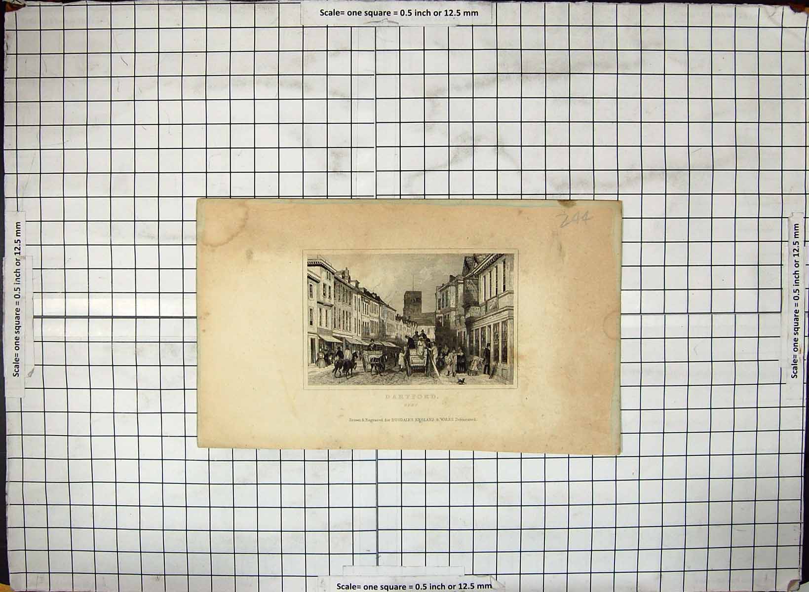 Old Antique Print Street Scene Dartford Kent England Engraving Dugdales