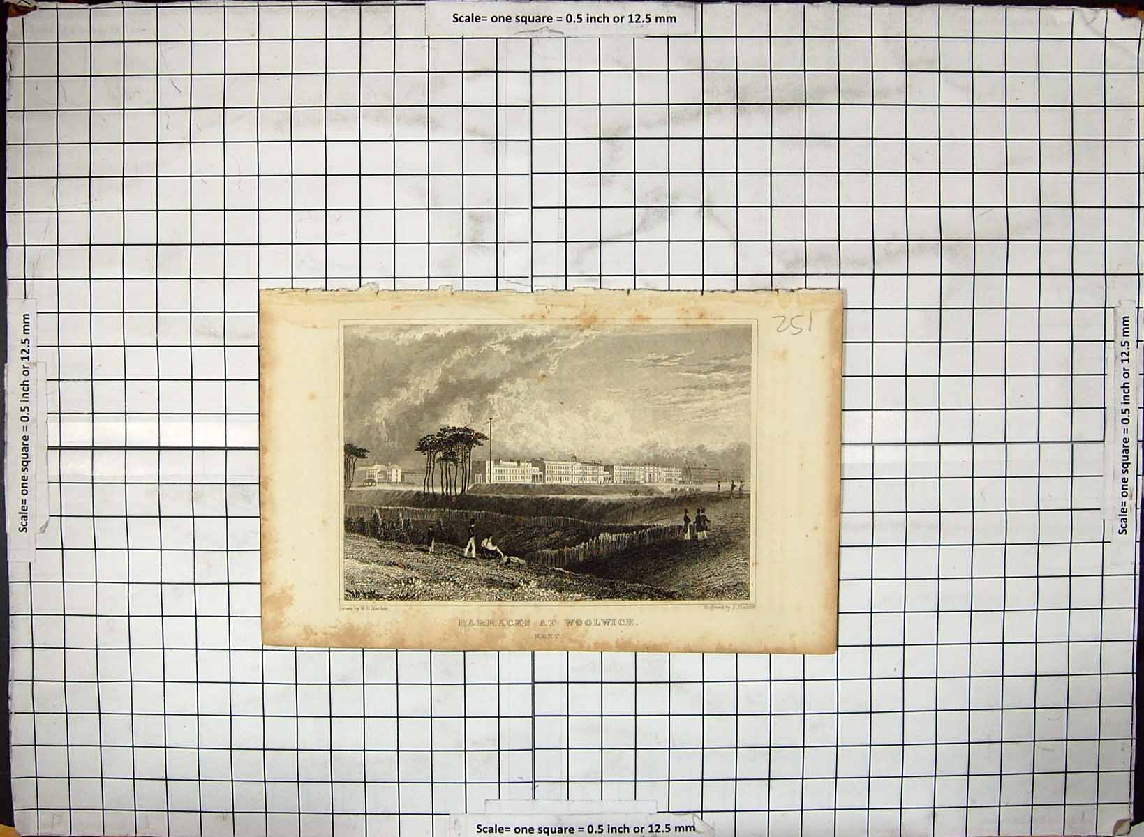 Antique Old Print Engraving Barracks Woolwich Kent England Bartlett Hinchliff